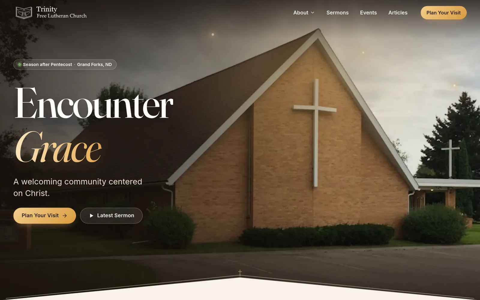 Trinity Free Lutheran Church’s new homepage: a photo of the church with the headline Encounter Grace and buttons to plan a visit or watch the latest sermon.
